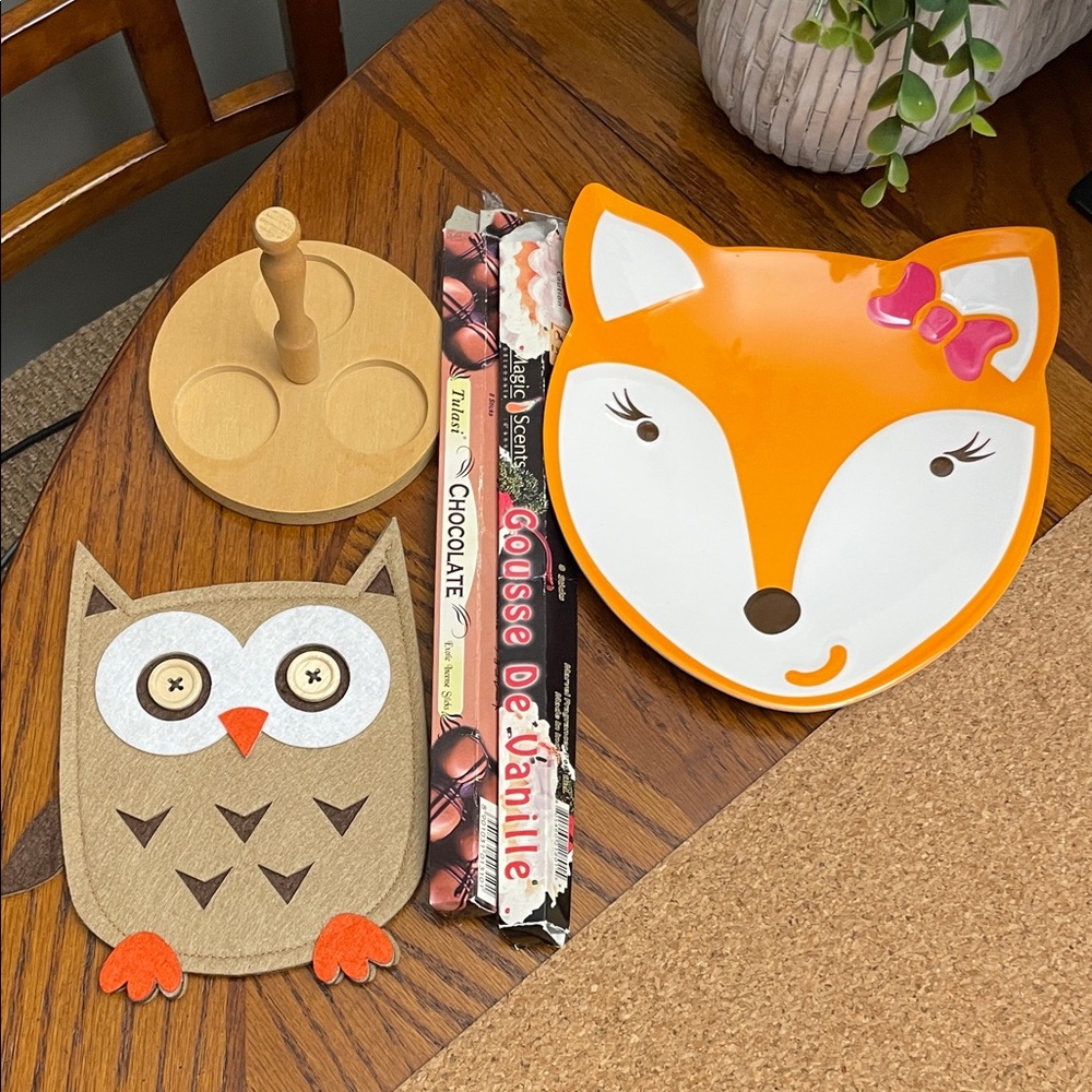 Mixed LOT Orange Fox Plate & Brown Owl Decorative Kitchen Pad Protective Incense